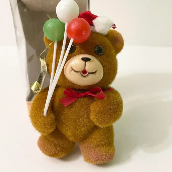 Vintage Jasco Flocked Velvet Christmas Teddies 4 Inch Hanging Tree Ornament - Picture 2 of 16